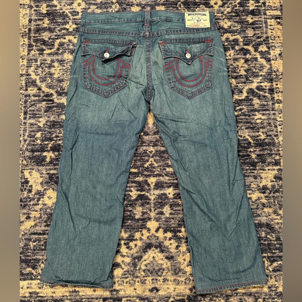 True Religion Straight Distressed Blue/Indigo Jeans Red Stitching Size 40W x 34L